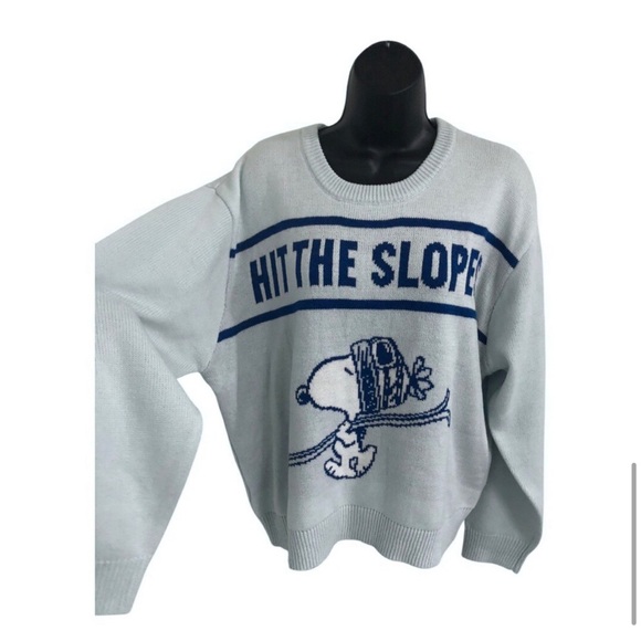 Peanuts Snoopy blue ‘hit the slopes’ crew neck colorblock‎ slouchy sweater sz XL - Picture 1 of 10
